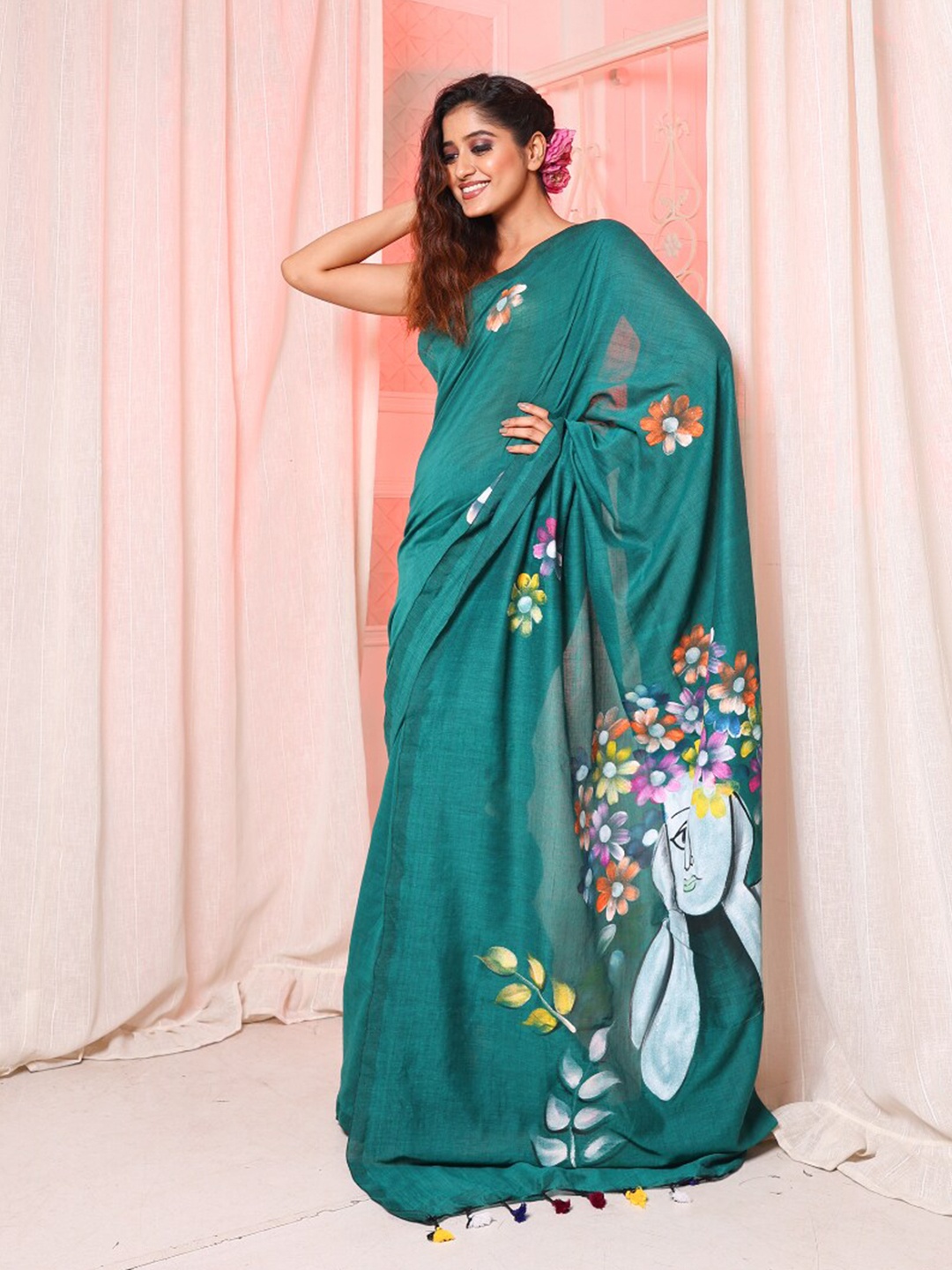 

Charukriti Floral Printed Pure Cotton Saree, Green