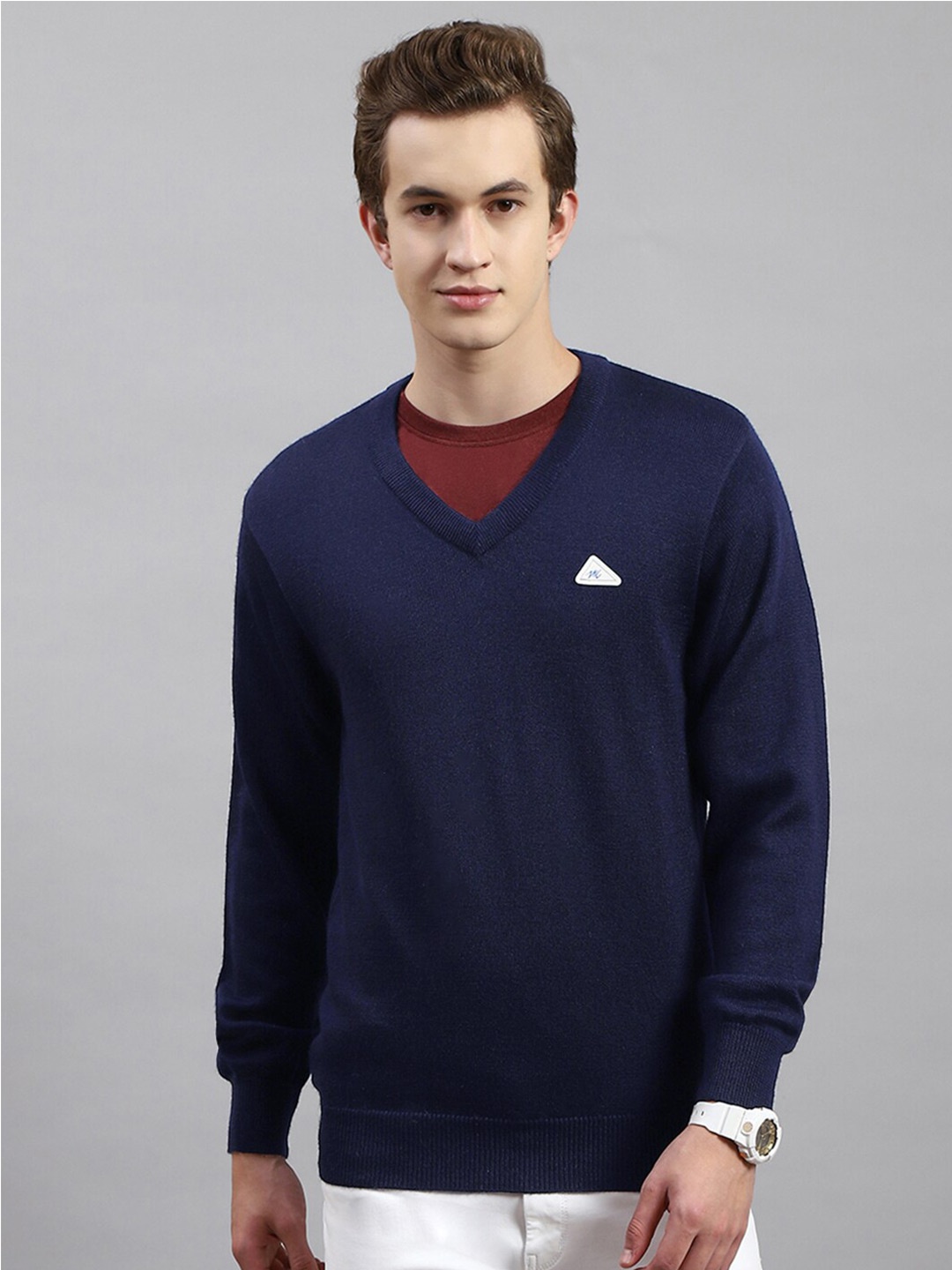 

Monte Carlo V-Neck Long Sleeves Woollen Pullover, Navy blue