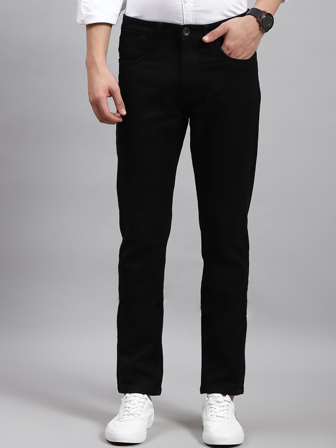 

Monte Carlo Slim Fit Mid-Rise Clean Look Dark Cotton Jeans, Black