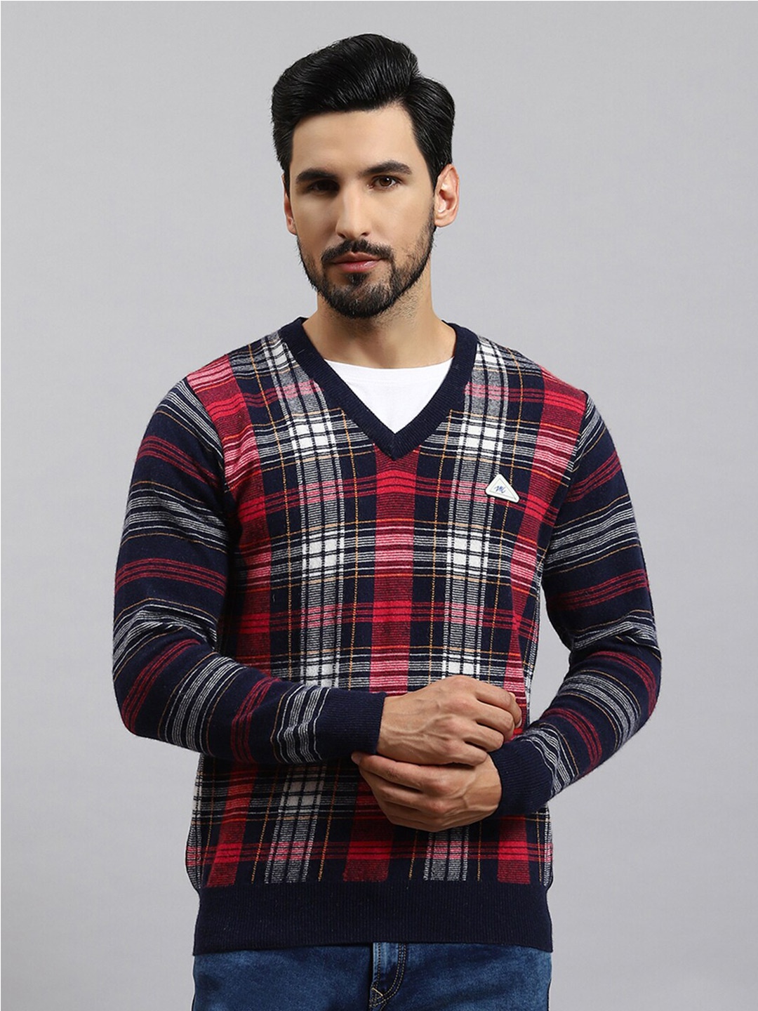 

Monte Carlo Checked V-Neck Woollen Pullover, Navy blue