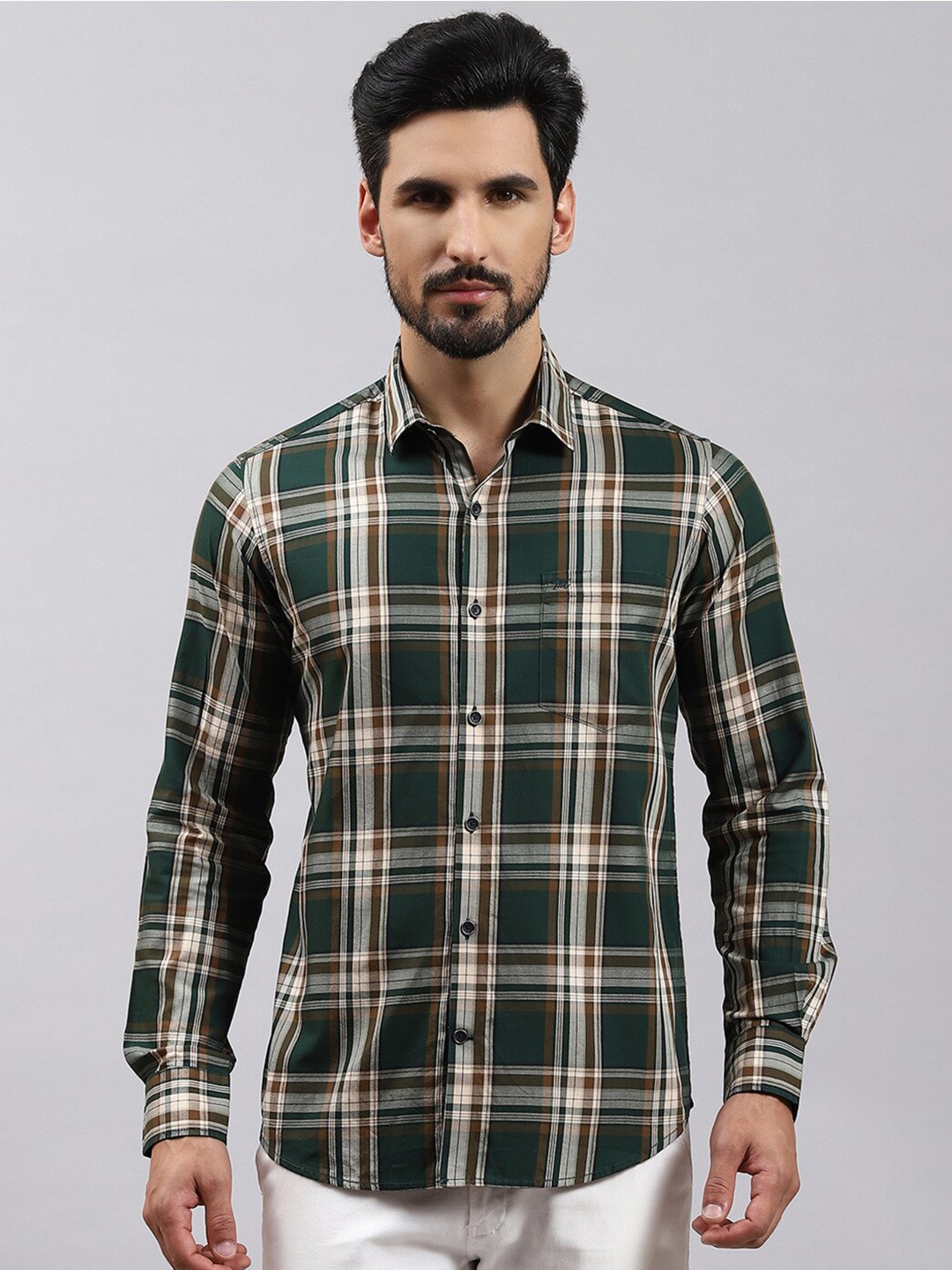 

Monte Carlo Tartan Checked Classic Opaque Regular Fit Cotton Casual Shirt, Green