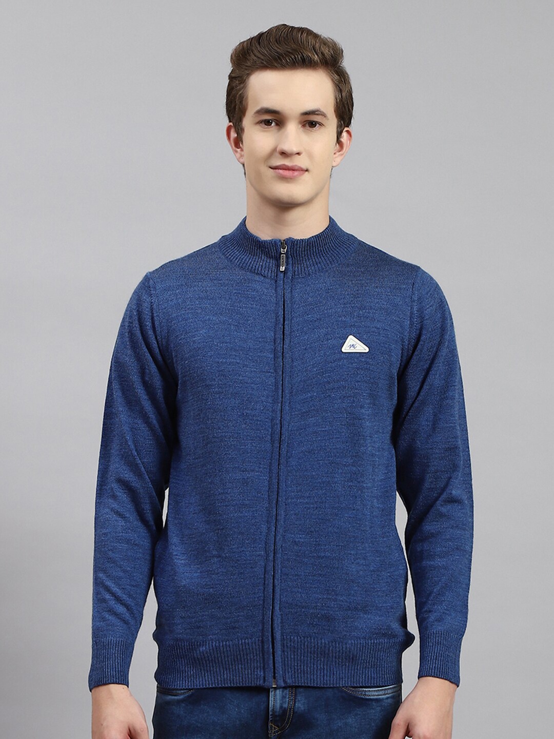 

Monte Carlo Stand Collar Full Sleeve Open-Front Woollen Cardigan, Blue