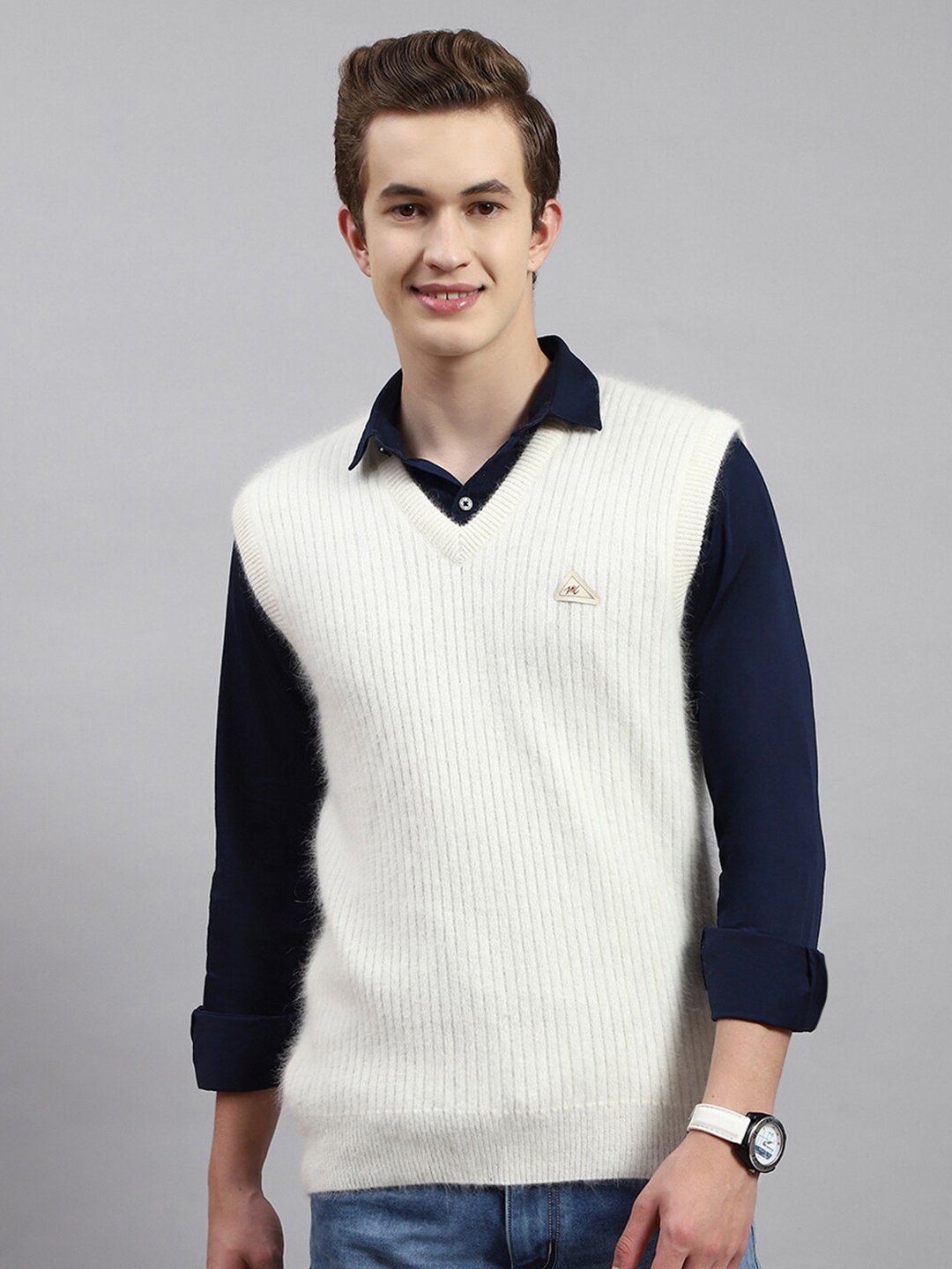 

Monte Carlo Self Design Striped Sweater Vest, Off white