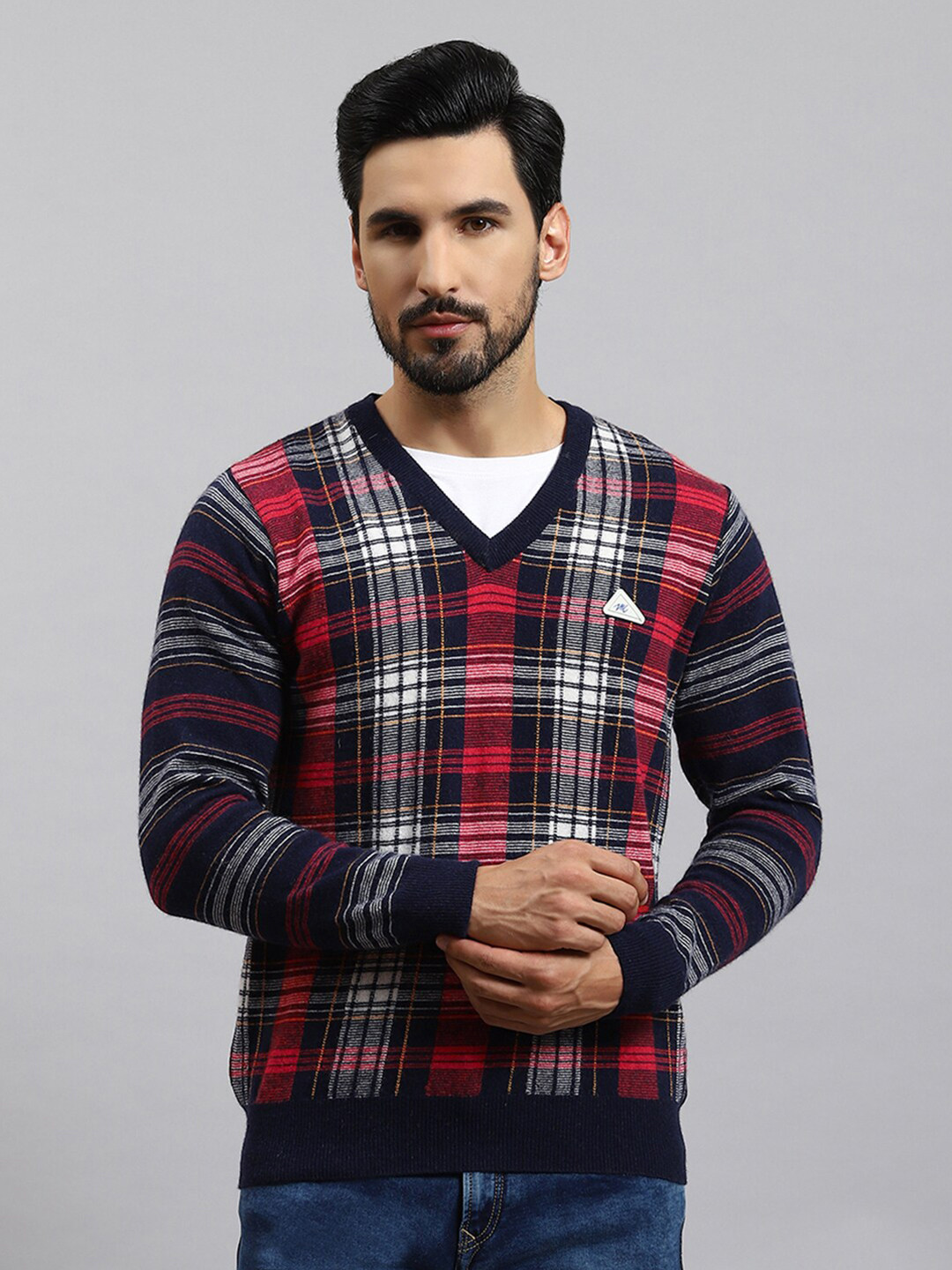 

Monte Carlo Checked V-Neck Woollen Pullover, Navy blue