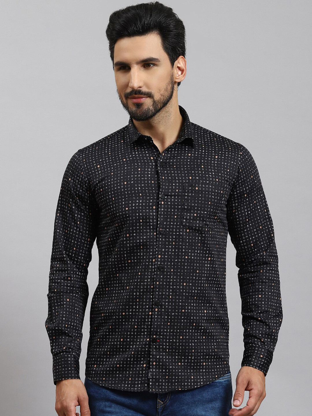 

Monte Carlo Geometric Printed Classic Slim Fit Opaque Cotton Casual Shirt, Black