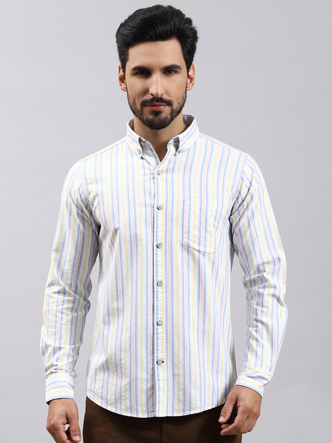 

Monte Carlo Vertical Striped Classic Opaque Regular Fit Cotton Casual Shirt, Yellow