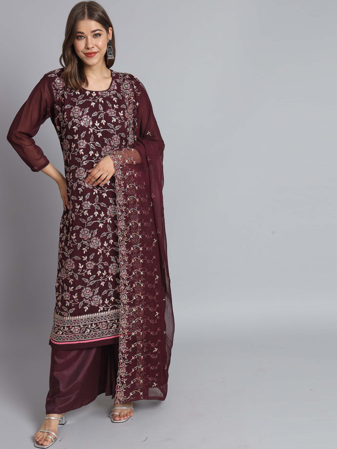 

Fabcartz Floral Embroidered Thread Work Kurta With Palazzos & Dupatta, Purple