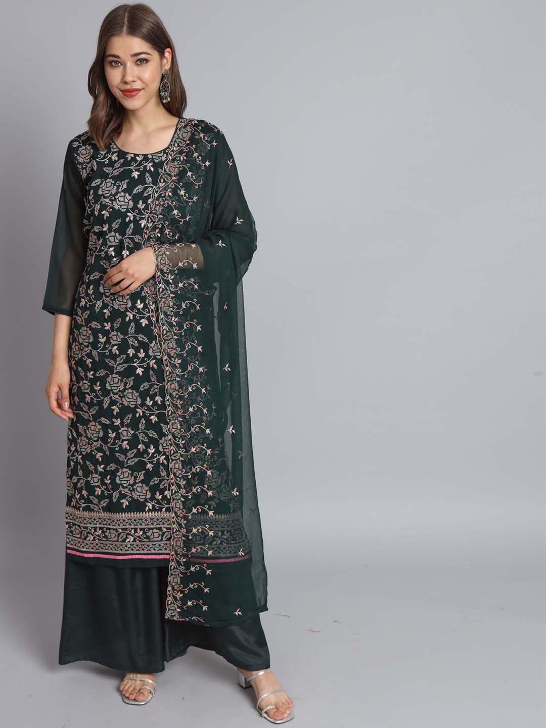 

Fabcartz Ethnic Motifs Embroidered Thread Work Kurta With Palazzos & Dupatta, Green