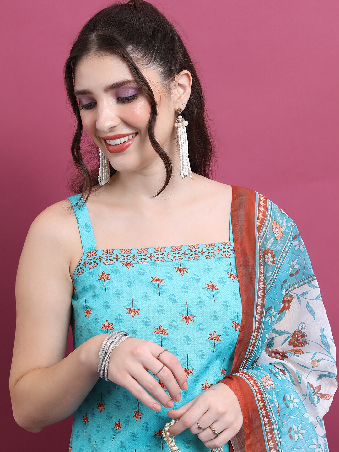 

Vishudh Turquoise Blue Floral Printed Straight Kurta with Trousers & Dupatta