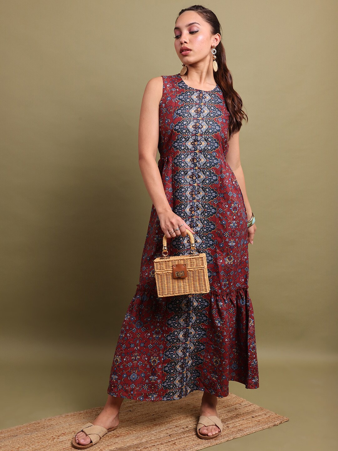 

Vishudh Red Floral Printed Gathered Tiered Maxi Dress