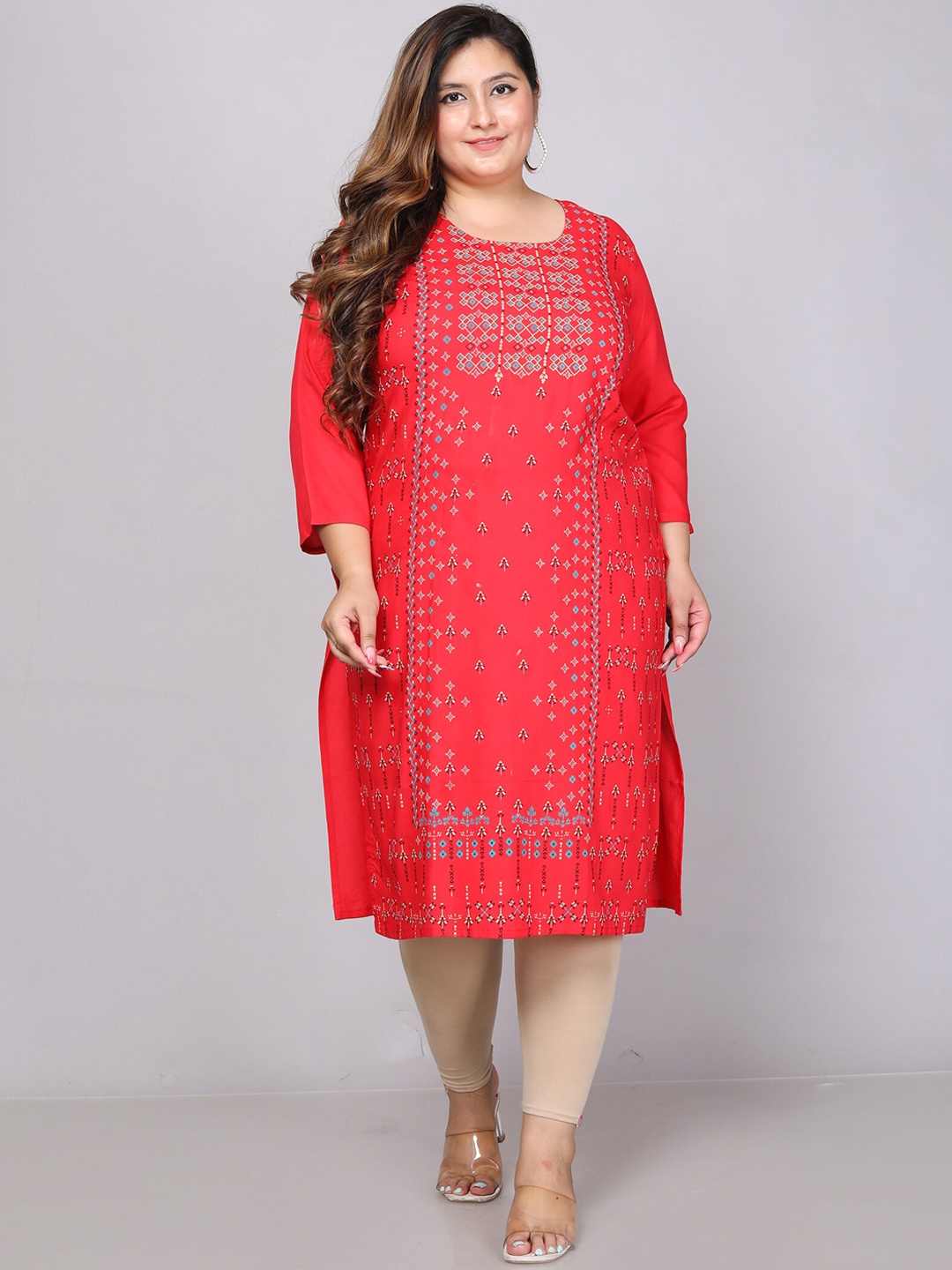 

Jevi Prints Plus Size Floral Printed Straight Kurta, Red