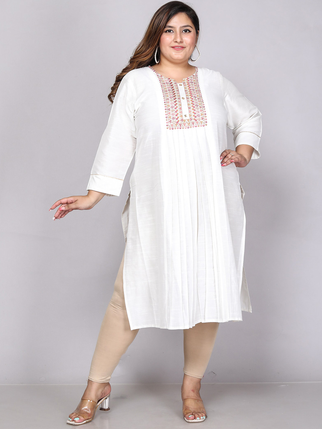 

Jevi Prints Plus Size Floral Embroidered Gotta Patti Kurta, Cream