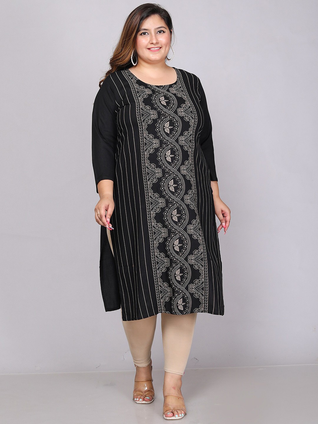 

Jevi Prints PLus Size Ethnic Motifs Printed Straigt Kurta, Black