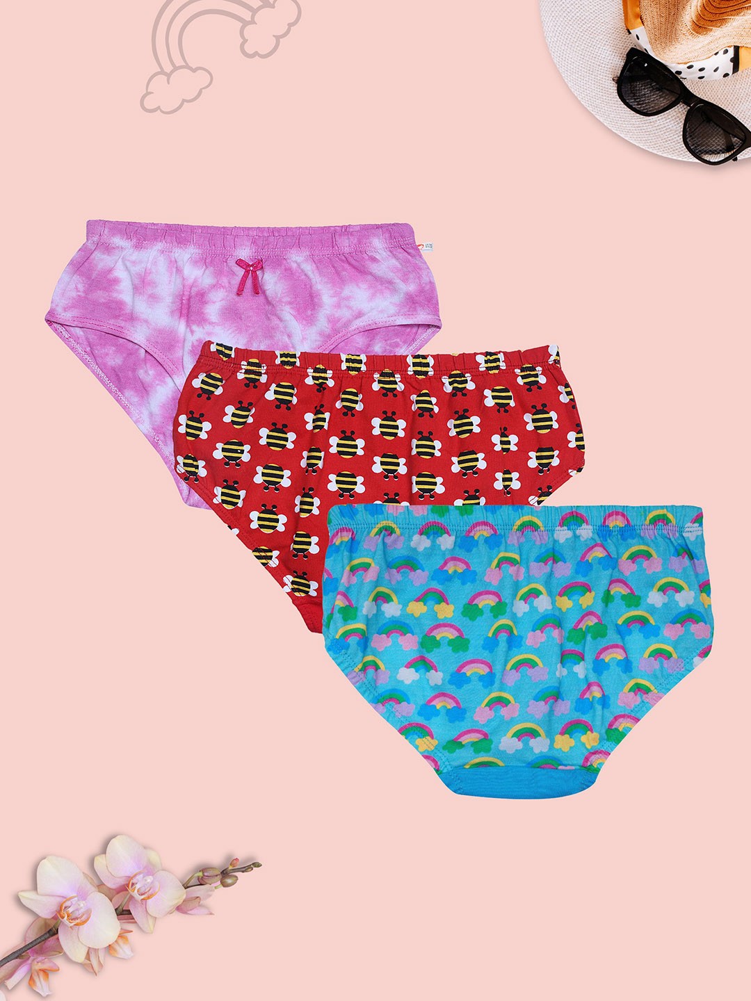 

DChica Girls Pack Of 3 Cotton Printed Mid Rise Hipster Briefs, Pink