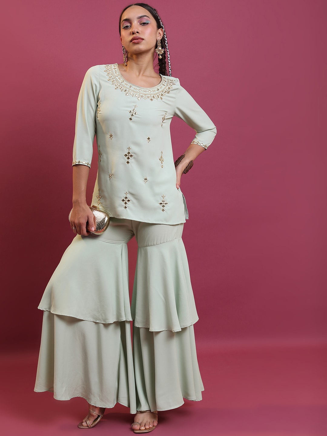 

Vishudh Green Geometric Embroidered Mirror Work Kurti With Sharara
