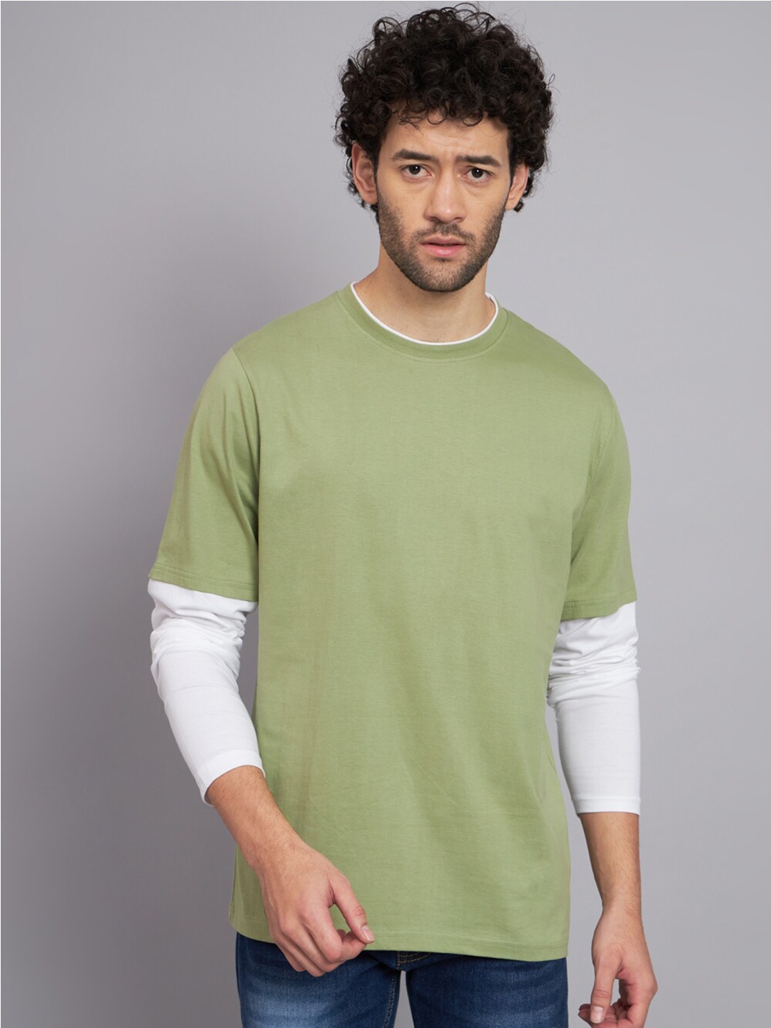 

The Dry State Green & White Full Sleeves Cotton T-shirt