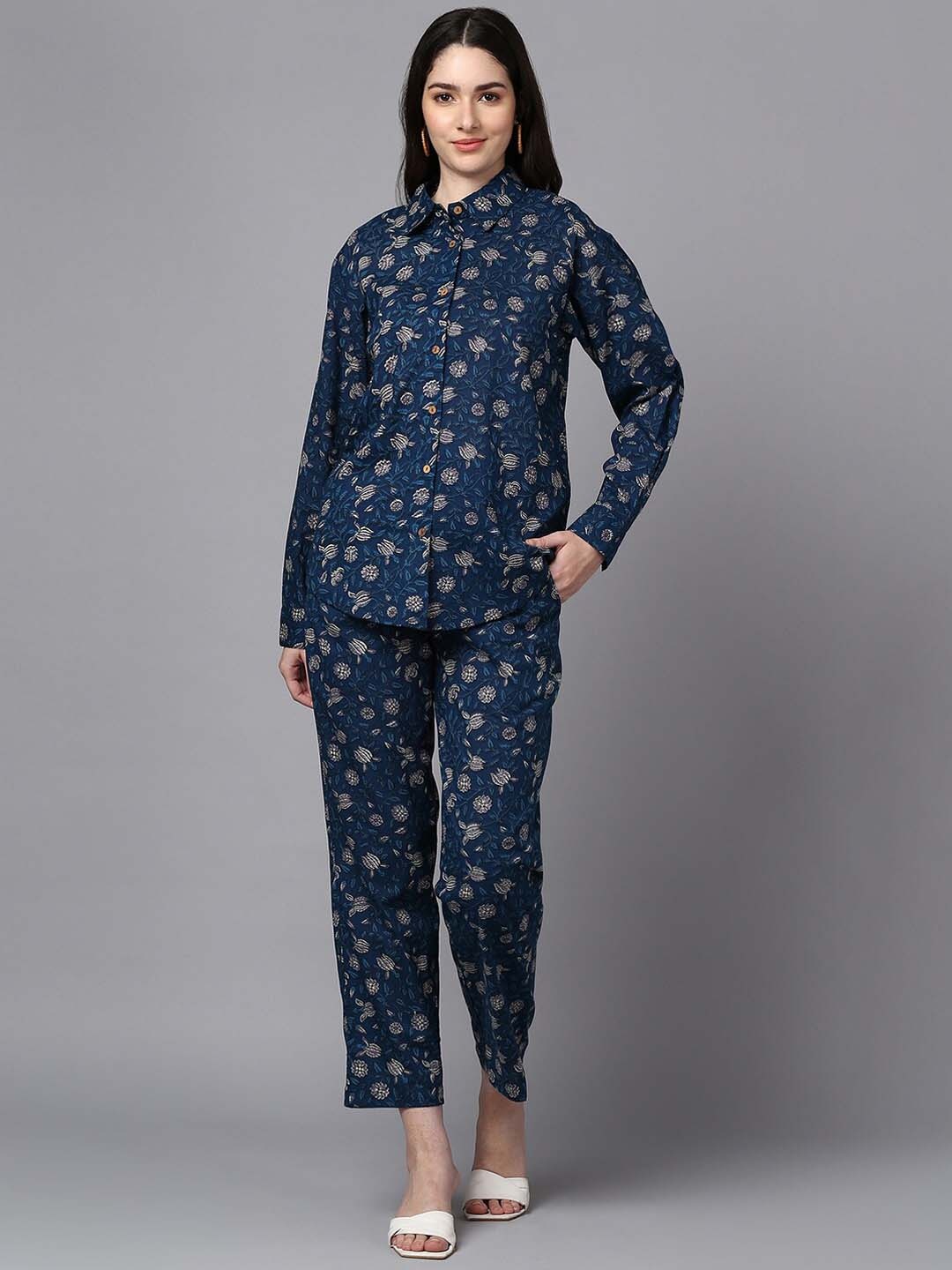 

BLOCKS OF INDIA Printed Pure Cotton Shirt & Trousers Co-Ords Set, Blue