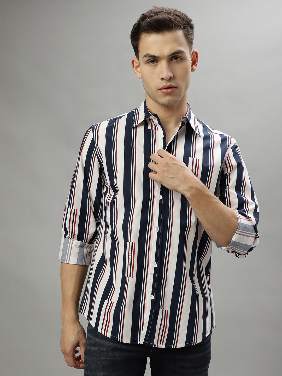 

Iconic Vertical Striped Pure Cotton Casual Shirt, Navy blue
