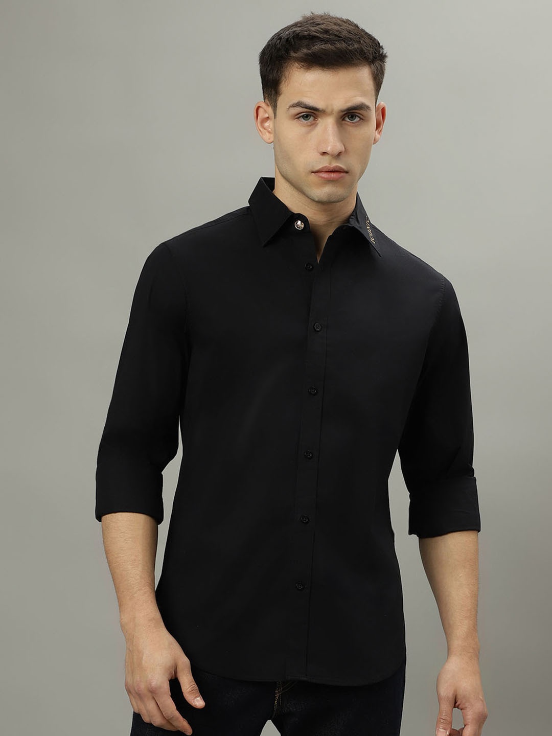 

Iconic Spread Collar Pure Cotton Casual Shirt, Black