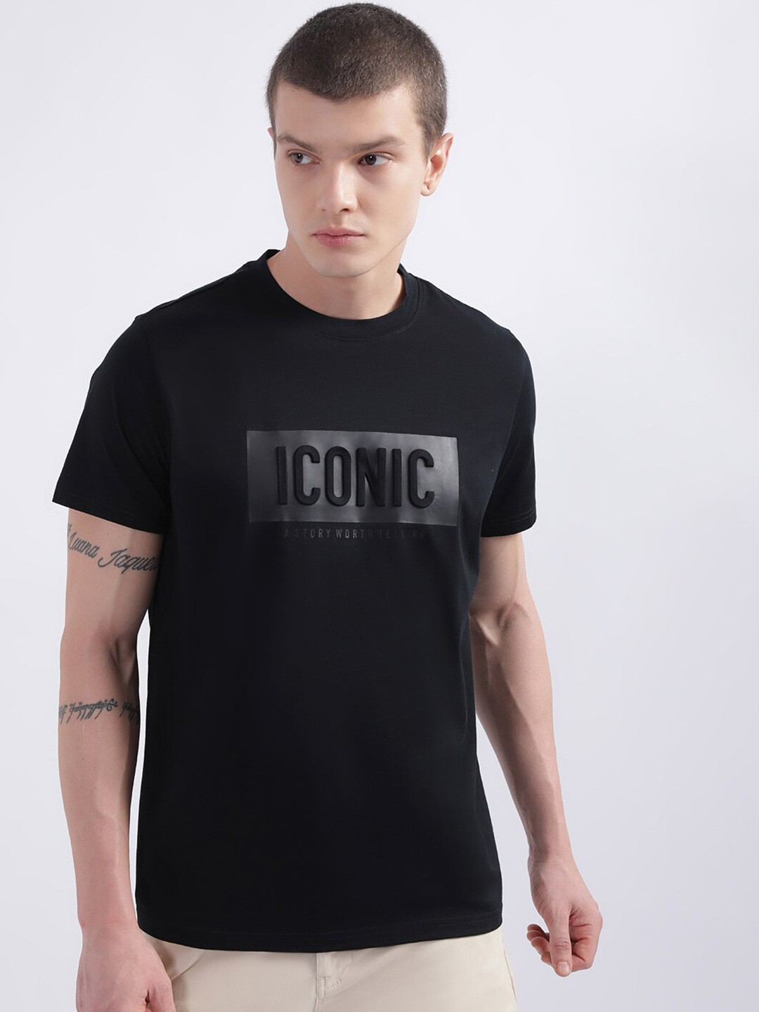 

Iconic Brand Logo Printed Cotton T-shirt, Black