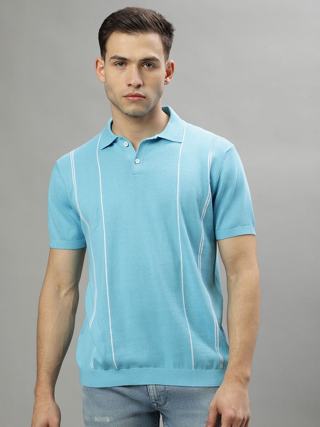 

Iconic Striped Polo Collar Pure Cotton T-shirt, Blue