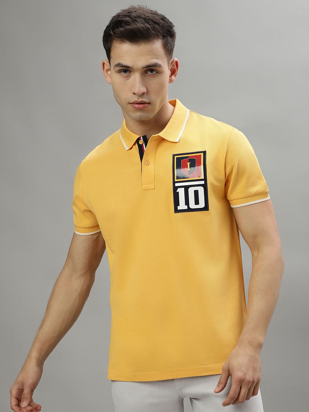 

Iconic Typography Printed Polo Collar Pure Cotton T-Shirt, Yellow