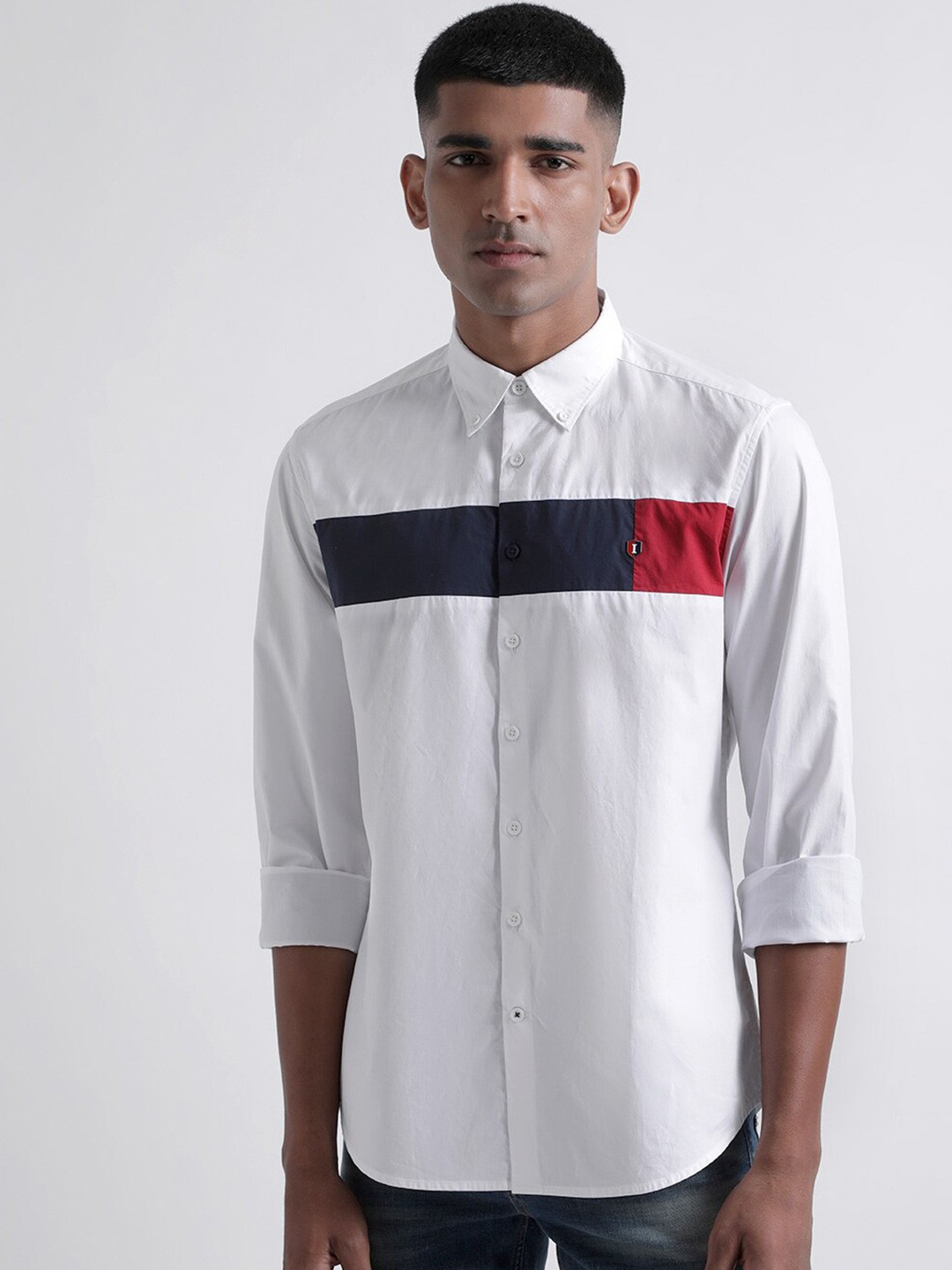 

Iconic Colourblocked Spread Collar Pure Cotton Casual Shirt, White