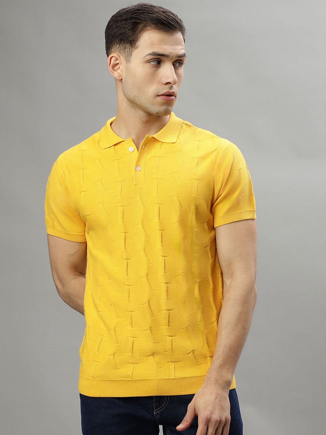 

Iconic Self Design Polo Collar Short Sleeves Pure Cotton T-shirt, Yellow