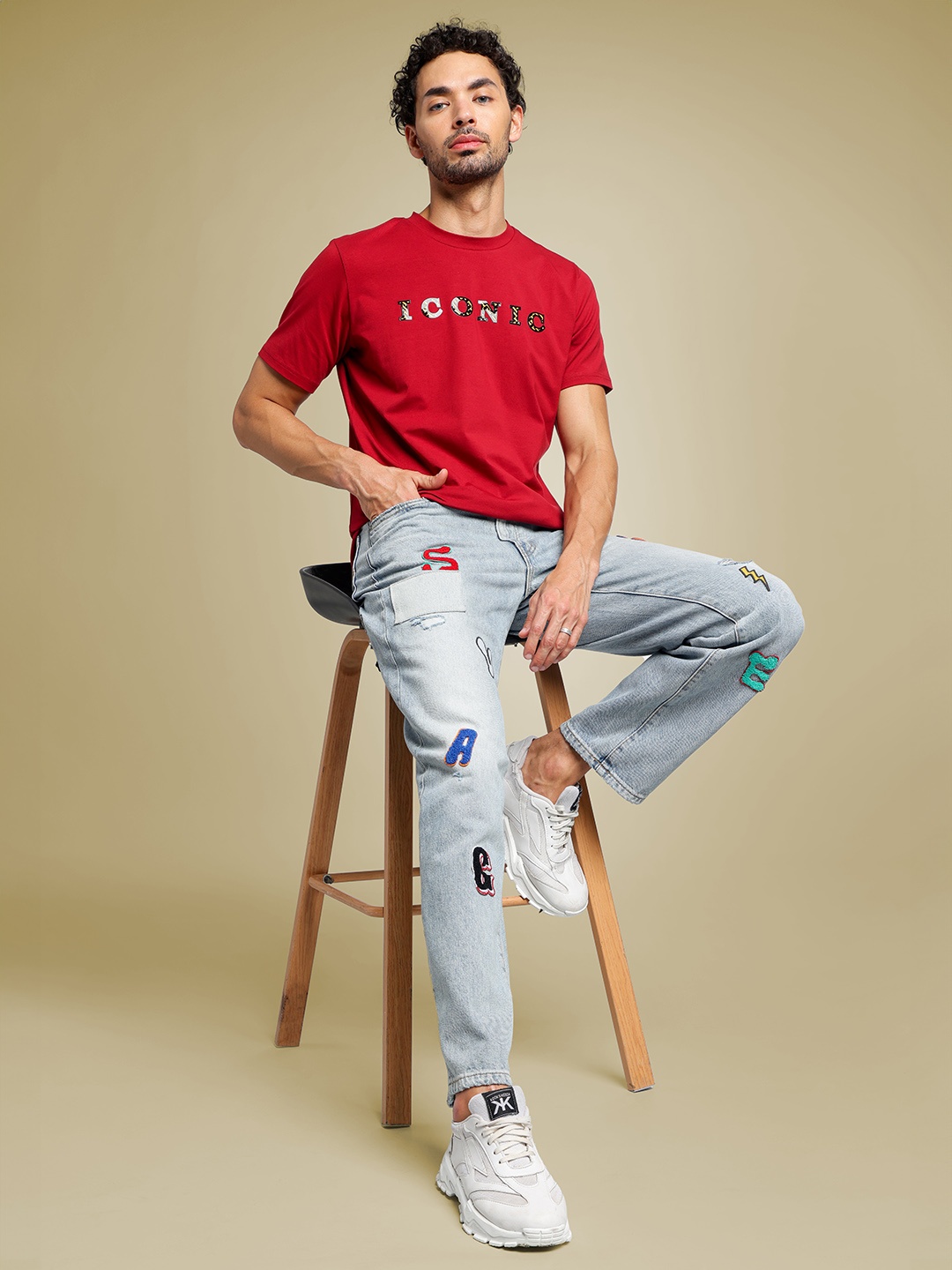 

Iconic Men Wide Leg Typography Printed Low Distressed Heavy Fade Jeans, Blue