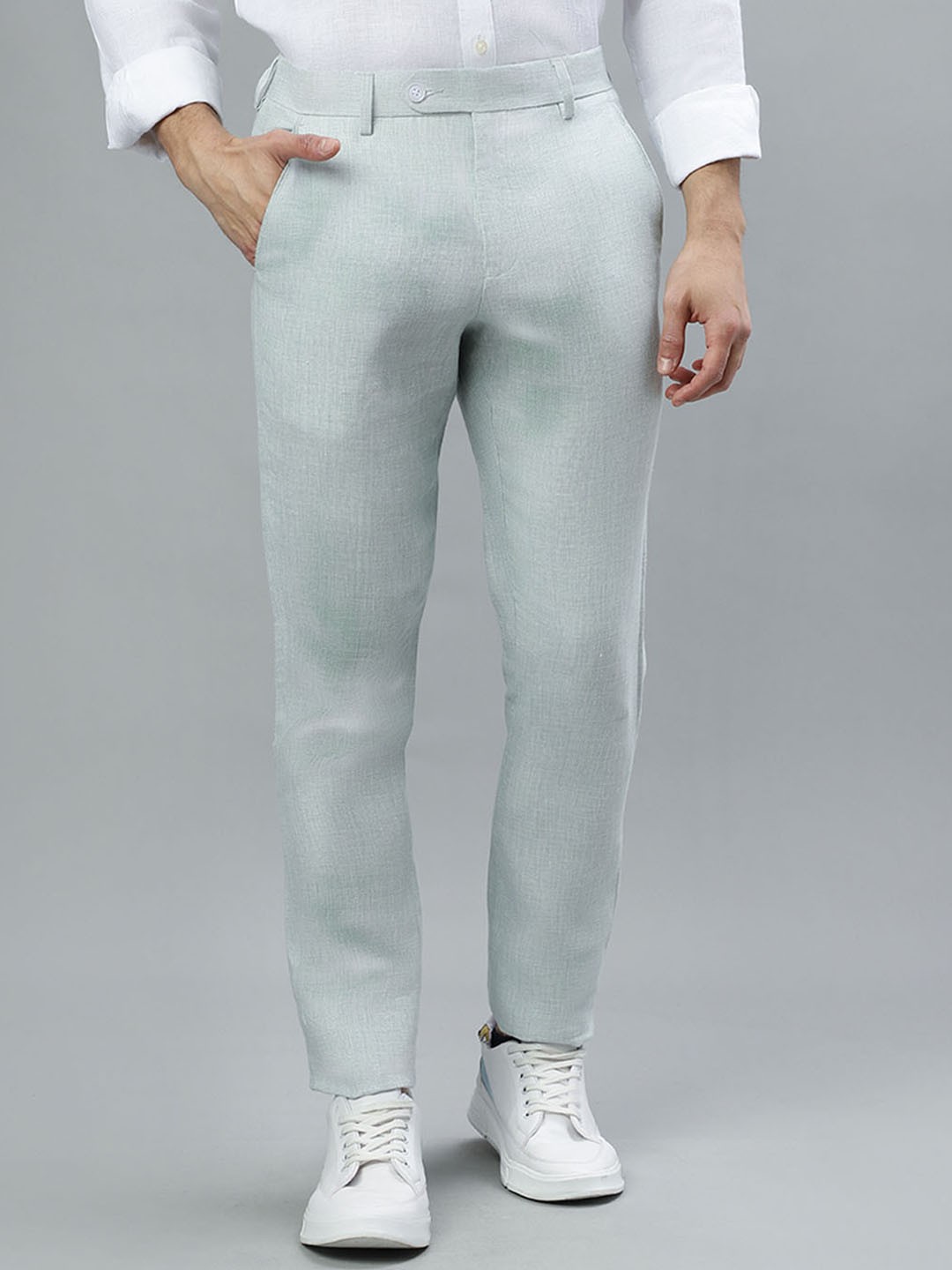 

Iconic Men Mid Rise Pure Linen Trousers, Green