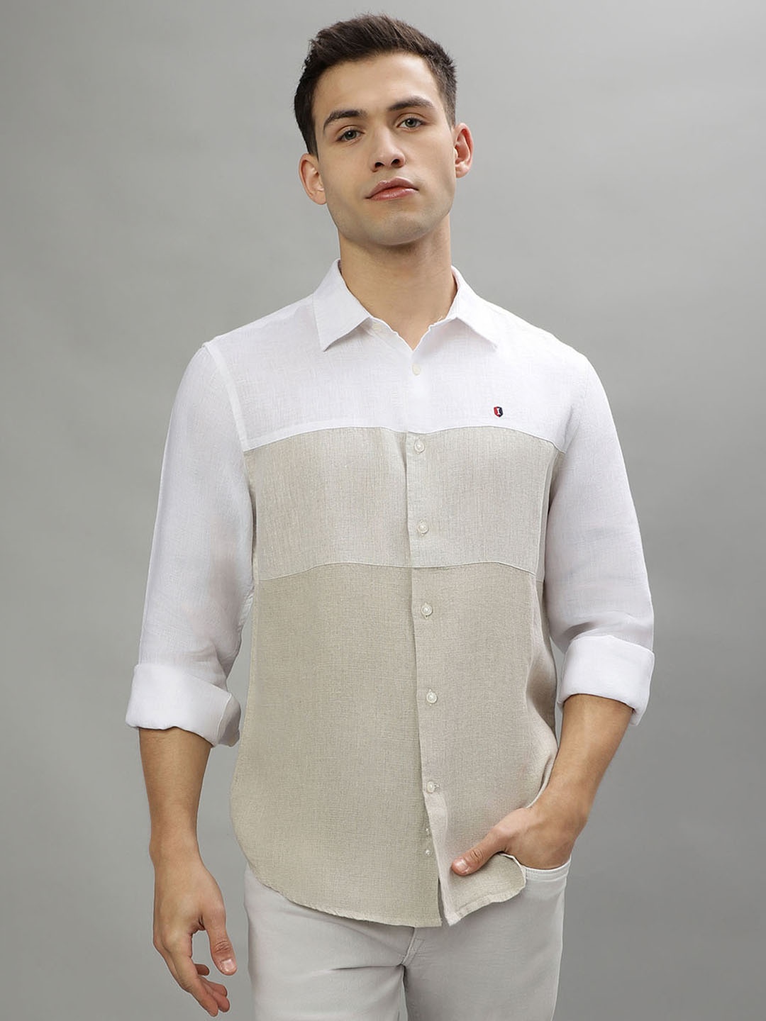 

Iconic Colourblocked Spread Collar Casual Linen Shirt, White