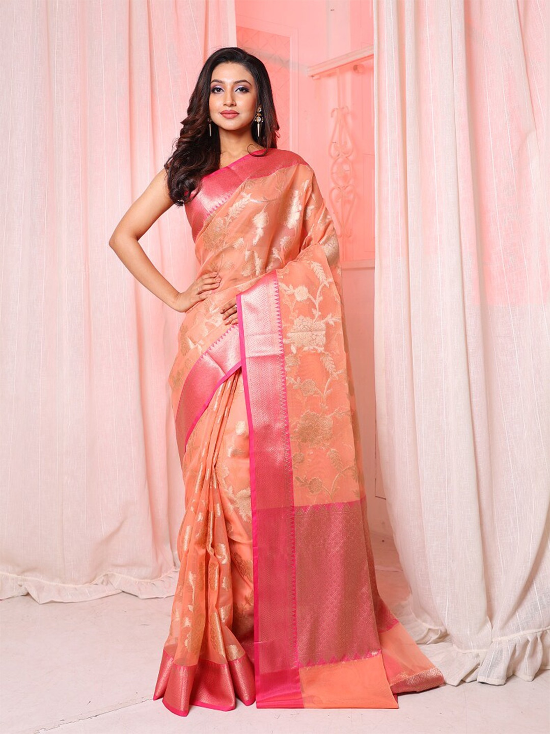 

Arhi Ethnic Motifs Woven Design Zari Organza Saree, Peach