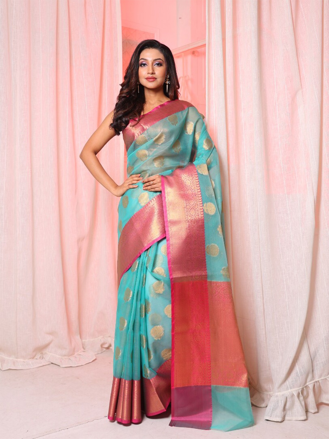 

Arhi Ethnic Motifs Woven Design Zari Organza Saree, Turquoise blue