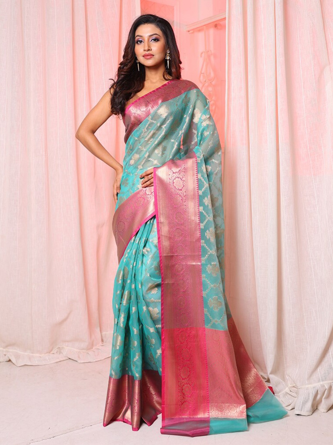 

Arhi Ethnic Motifs Woven Design Zari Organza Saree, Teal