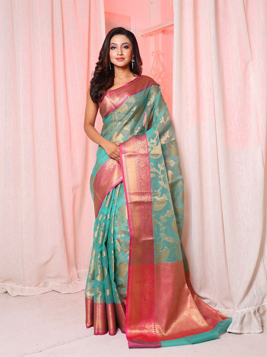 

Arhi Ethnic Motifs Woven Design Zari Organza Saree, Teal