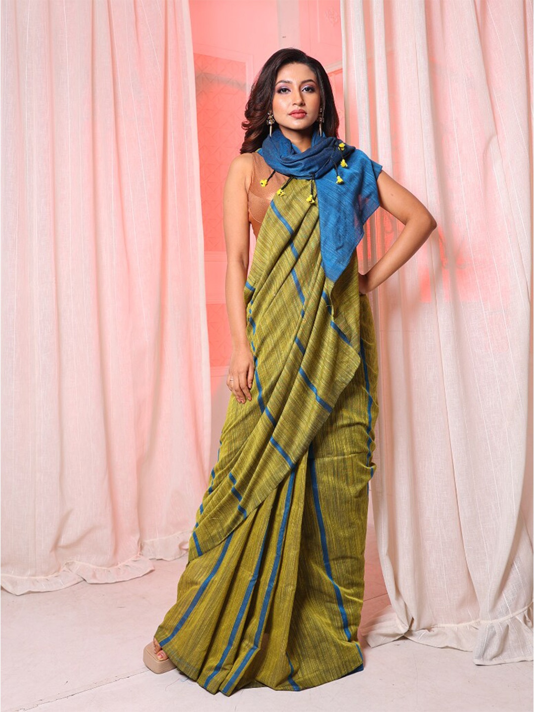 

Arhi Striped Pure Cotton Saree, Olive