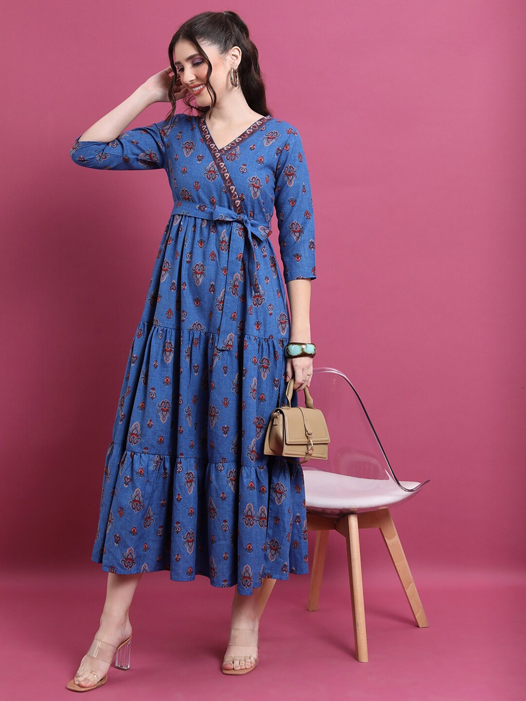 

Vishudh Blue Ethnic Motifs Printed V-Neck Tiered Empire Midi Ethnic Dress