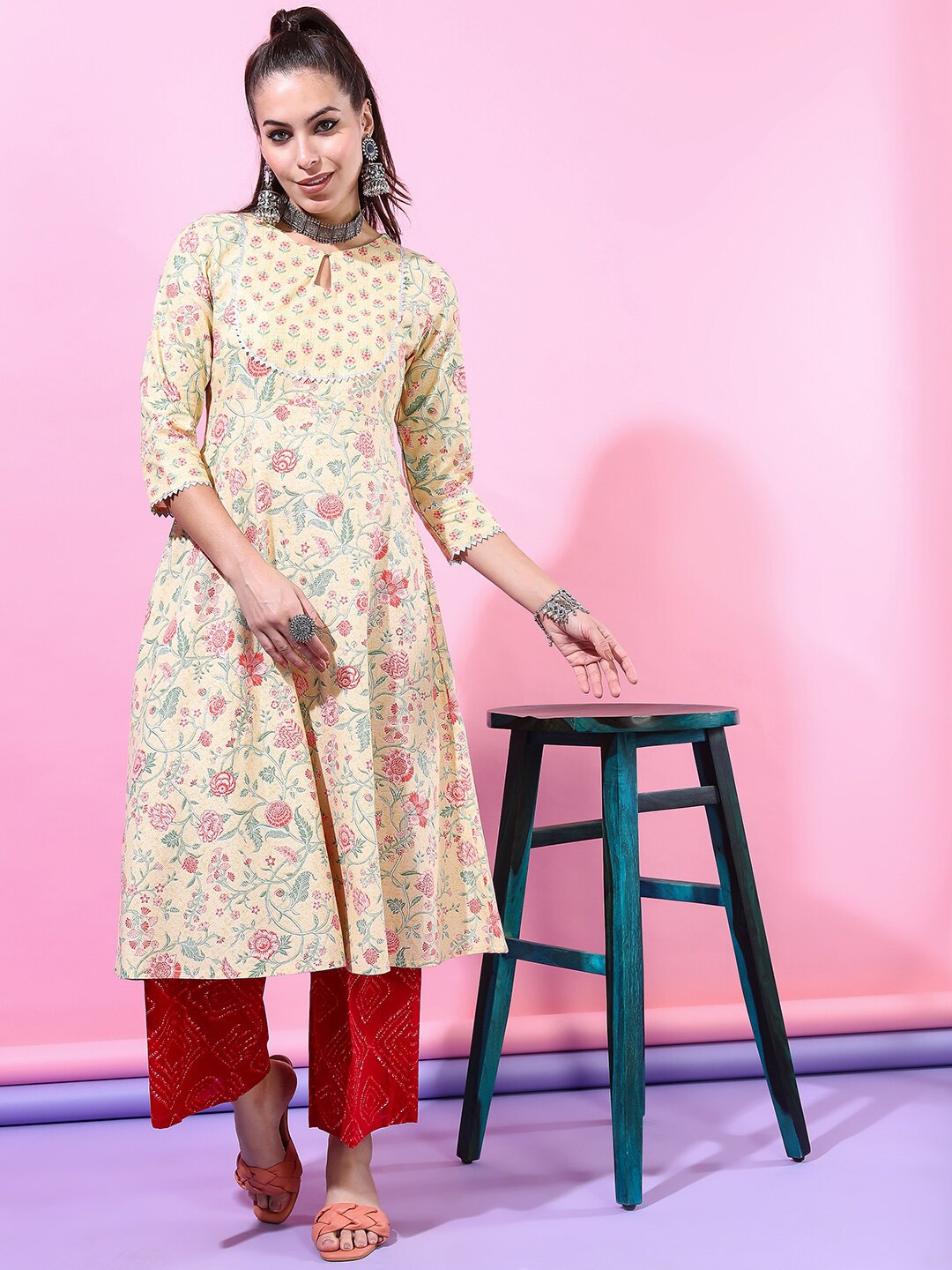 

Vishudh Green & Yellow Floral Printed Keyhole Neck Gotta Patti Cotton A-Line Kurta