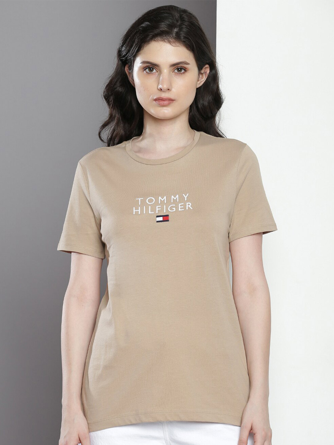

Tommy Hilfiger Brand Logo Printed Round Neck Regular Fit Cotton Casual T-Shirt, Beige