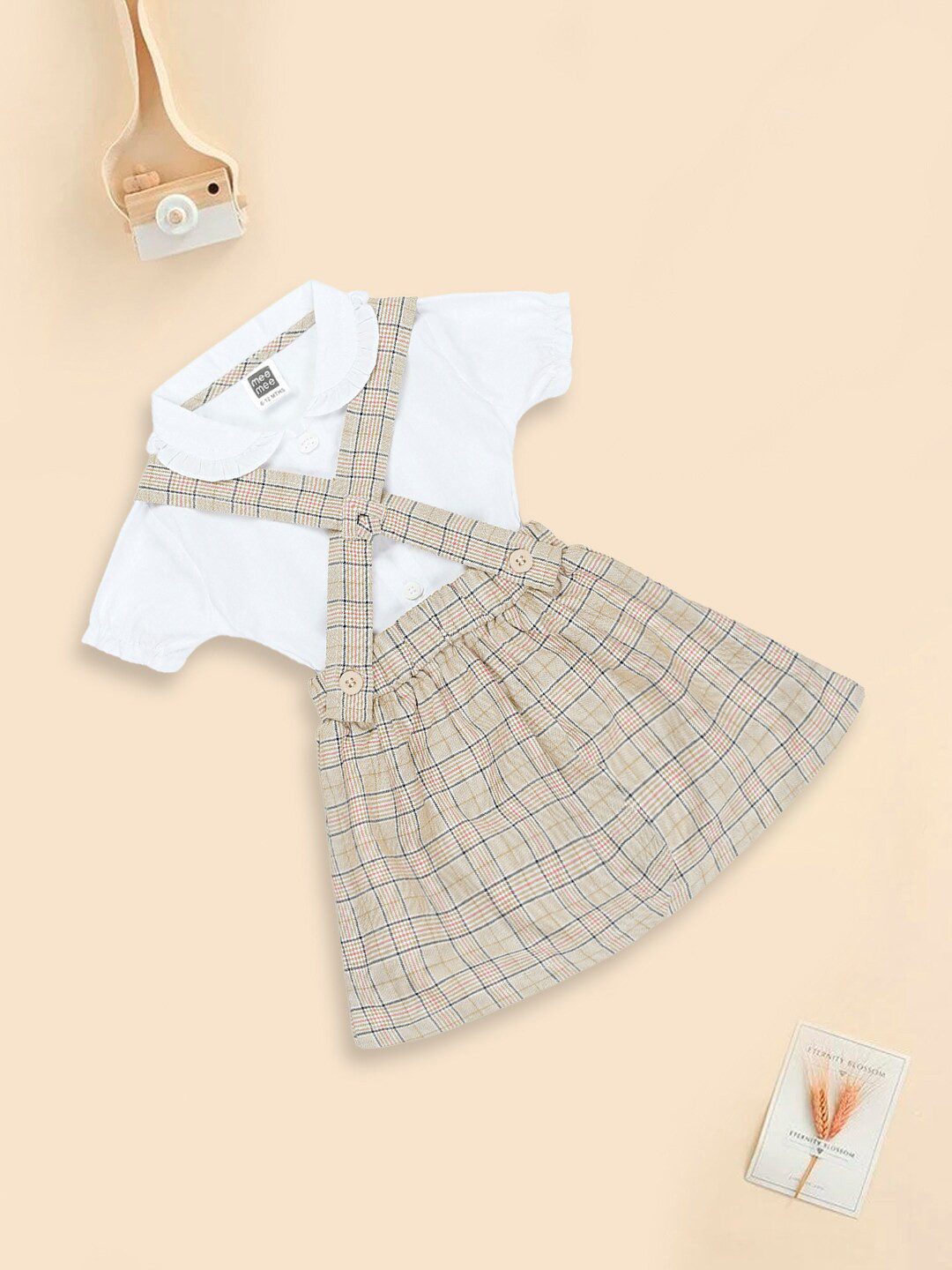 

MeeMee Round Neck Pure Cotton Top with Checked Skirt, Beige
