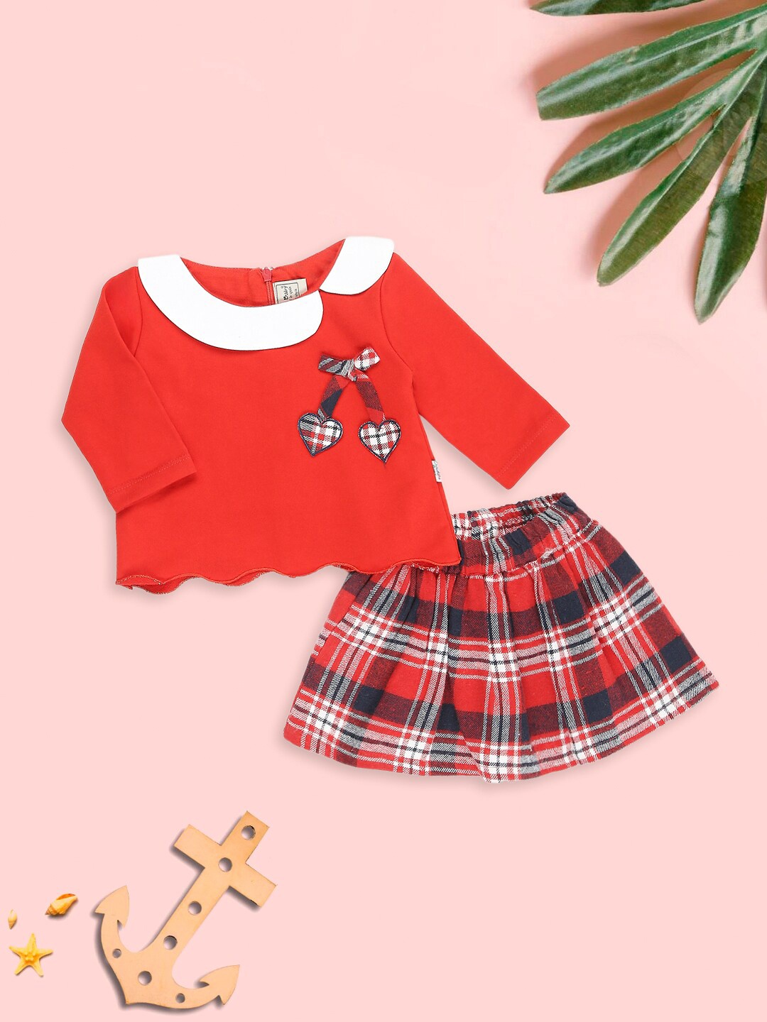 

MeeMee Perter Pan Collar Applique Top with Checked Skirt, Red