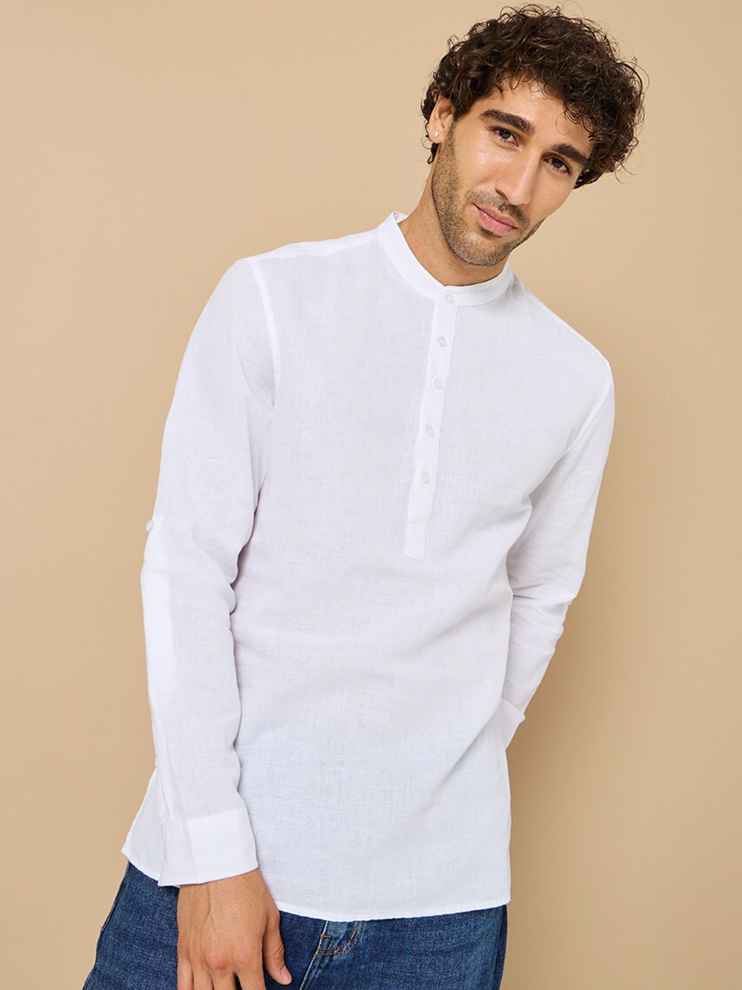 

Styli Band Collar Half Placket Casual Cotton Linen Shirt, White