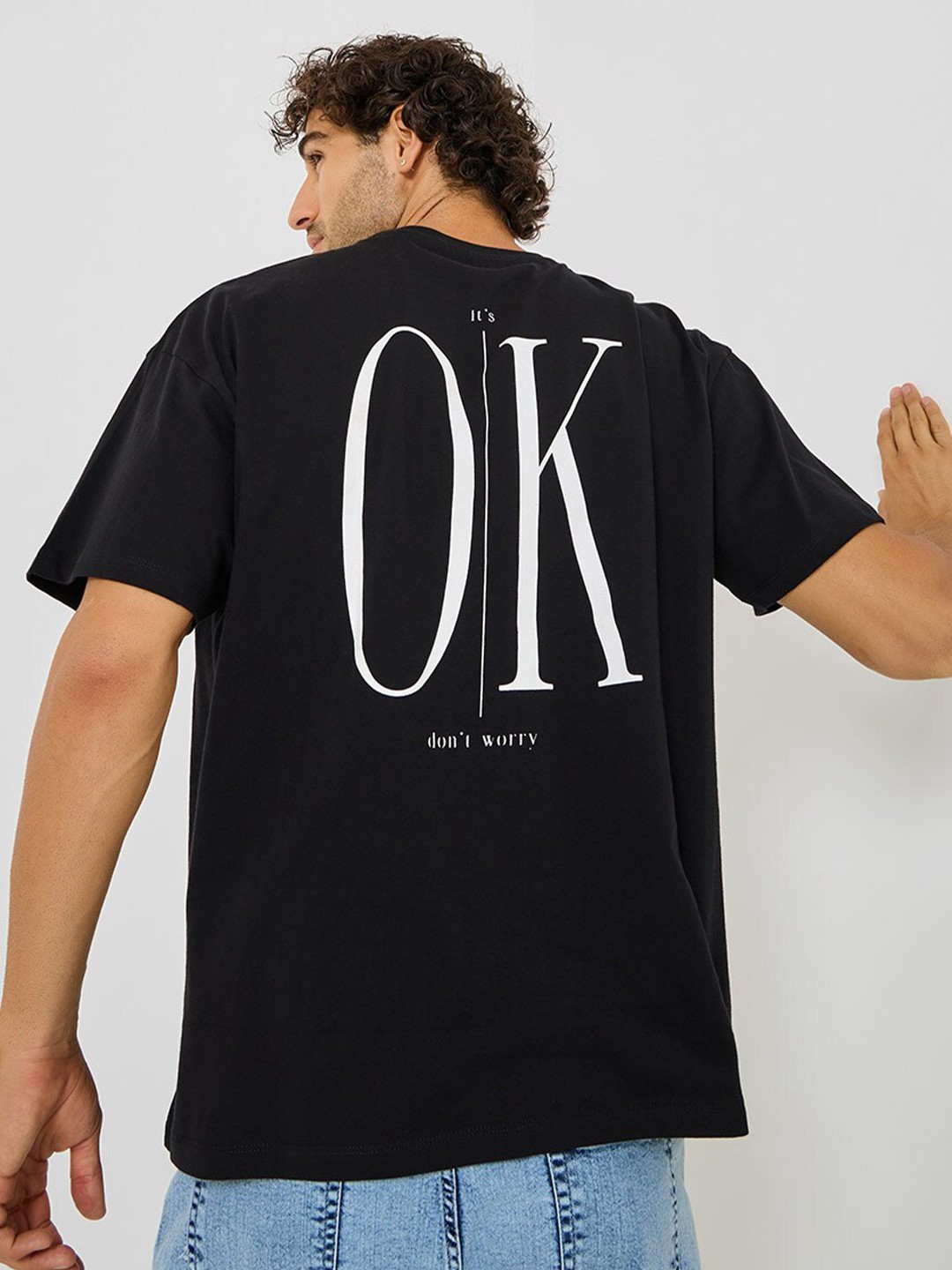 

Styli Back Slogan Print Oversized T-Shirt, Black