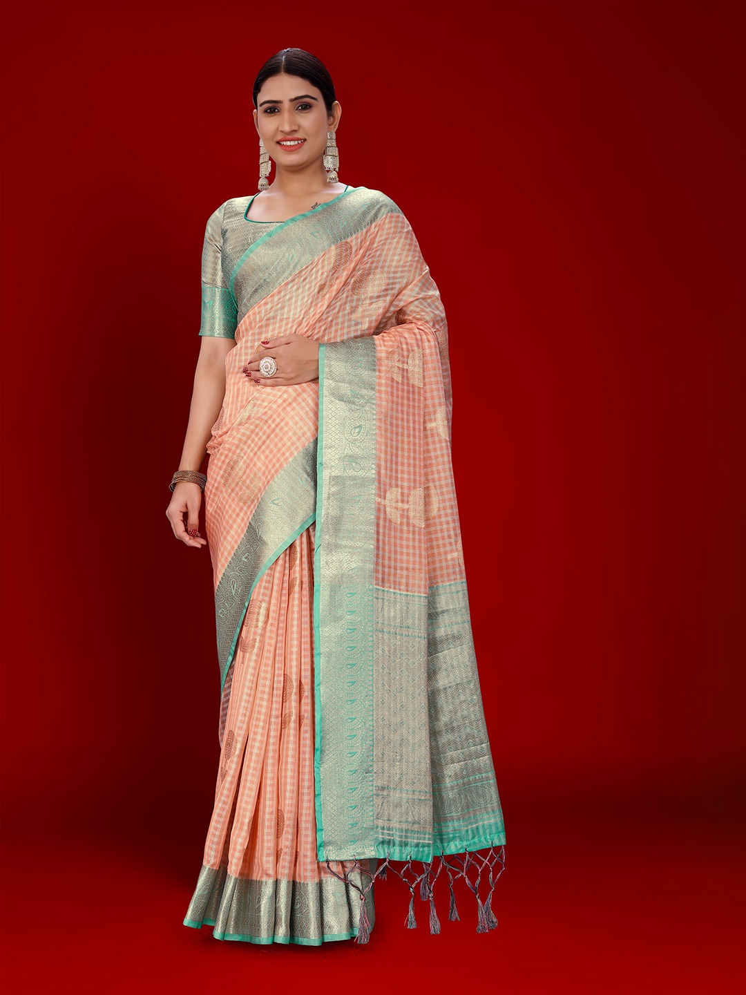 

Nimayaa Checked Zari Organza Kanjeevaram Saree, Orange