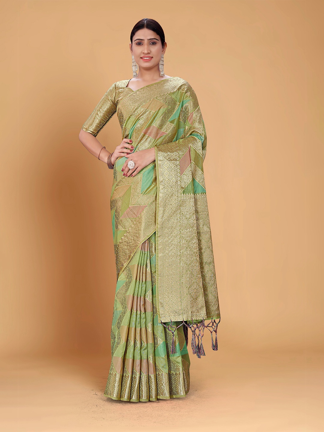 

Nimayaa Floral Woven Design Zari Organza Kanjeevaram Saree, Green