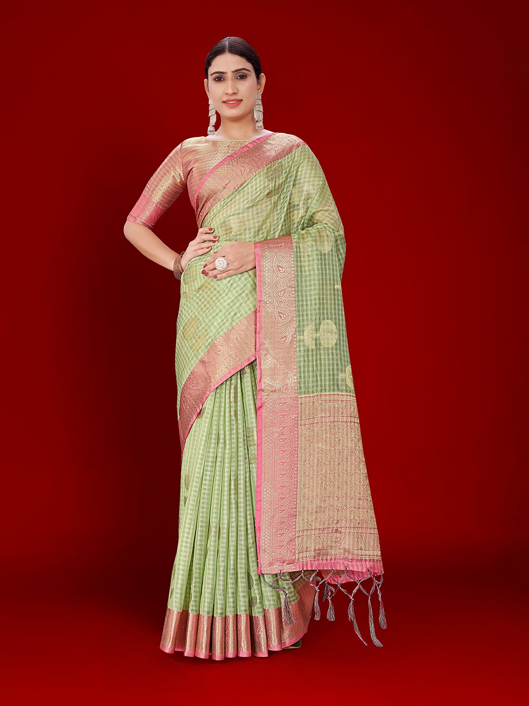 

Nimayaa Checked Zari Organza Kanjeevaram Saree, Green