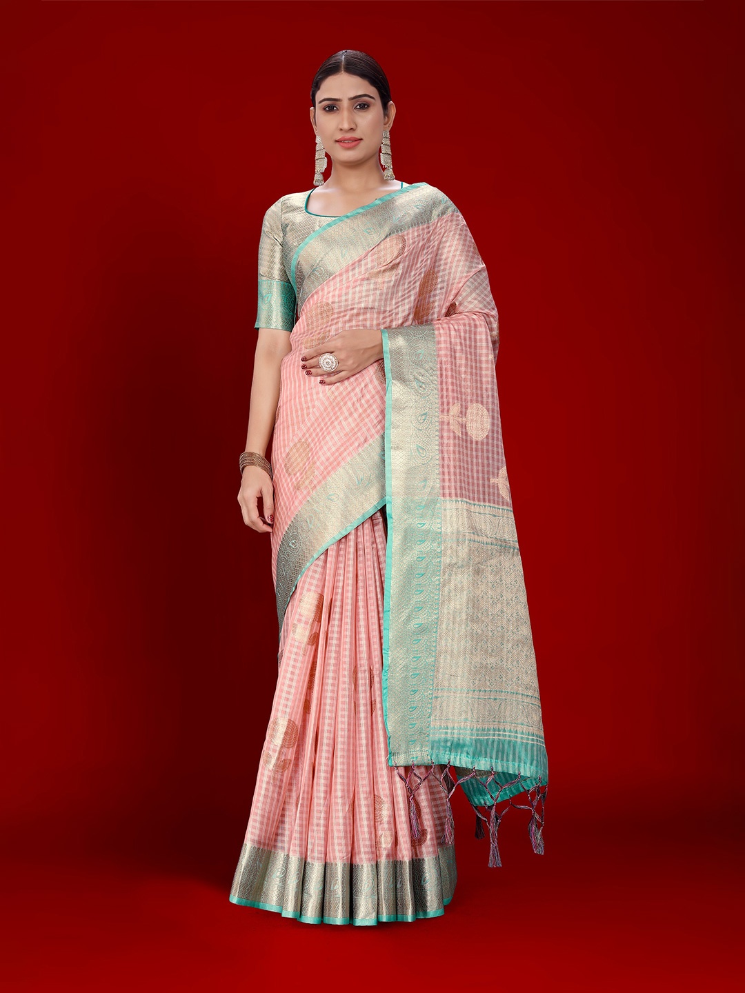 

Nimayaa Ethnic Motifs Woven Design Zari Organza Kanjeevaram Saree, Pink