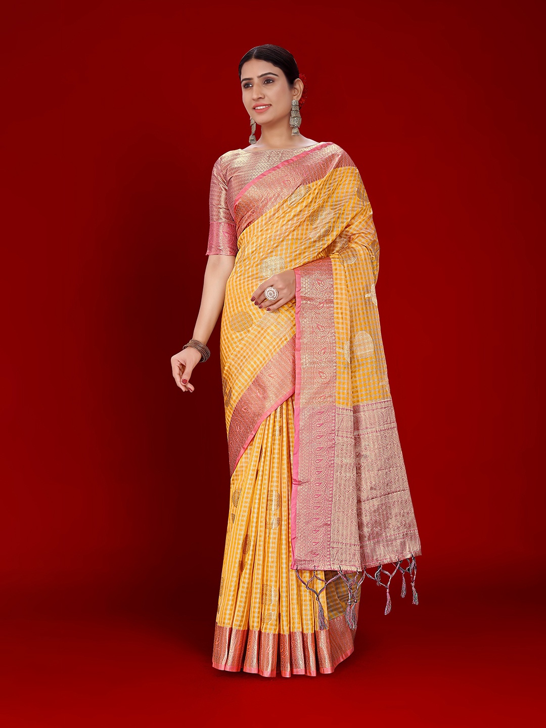 

Nimayaa Ethnic Motifs Woven Design Zari Organza Kanjeevaram Saree, Mustard