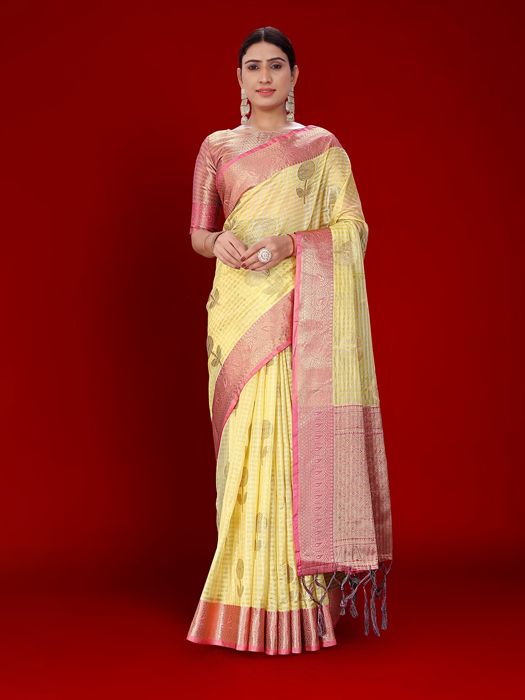 

Nimayaa Ethnic Motifs Woven Design Zari Organza Kanjeevaram Saree, Yellow