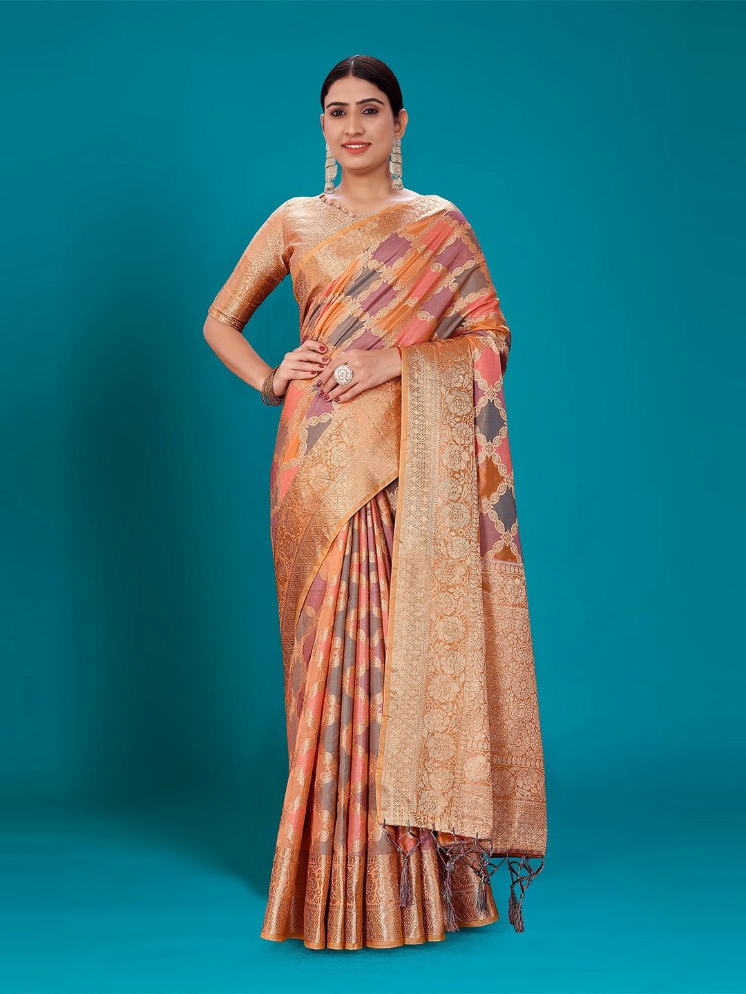 

Nimayaa Ethnic Motif Woven Design Zari Organza Kanjeevaram Saree, Orange